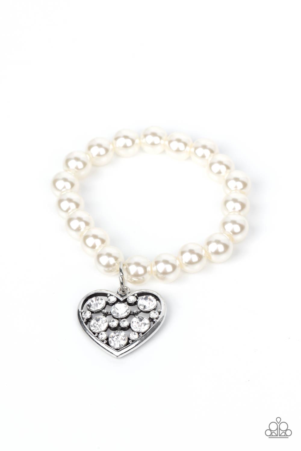 Cutely Crushing - White Oversized Pearls & Rhinestone Encrusted Heart Charm Paparazzi Stretch Bracelet