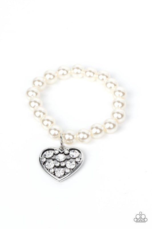 Cutely Crushing - White Oversized Pearls & Rhinestone Encrusted Heart Charm Paparazzi Stretch Bracelet