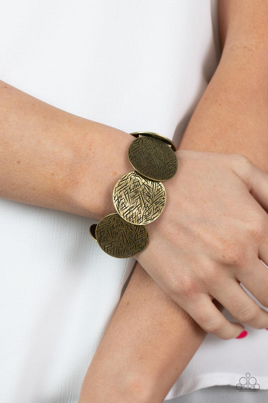 Extra Etched - Brass Antiqued Scratched Texture Disc Paparazzi Stretch Bracelet