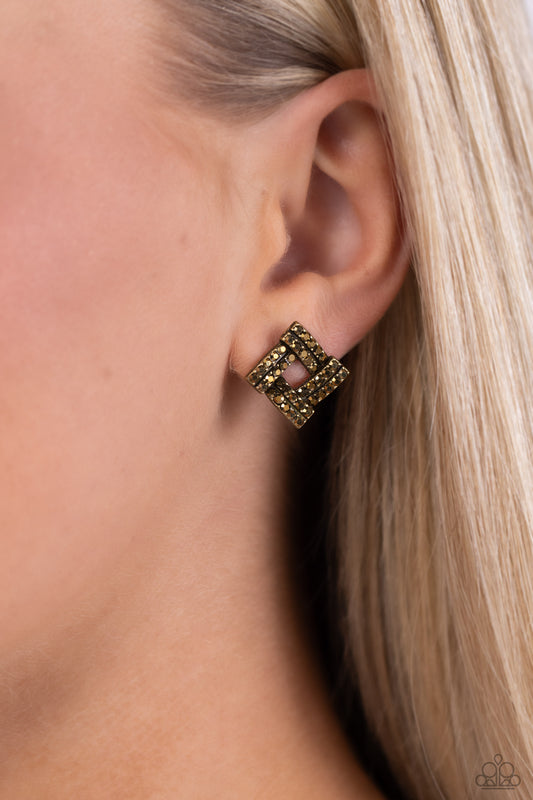 Times Square Scandalous - Brass Bars/Aurum Rhinestones Paparazzi Post Earrings