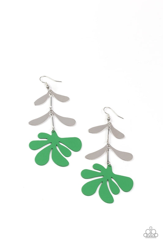 Palm Beach Bonanza - Green & Silver Palm Leaf Paparazzi Earrings