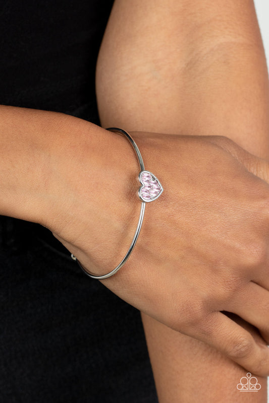 Heart of Ice - Pink Emerald-Cut Rhinestone Encrusted Heart Paparazzi Cuff Bracelet