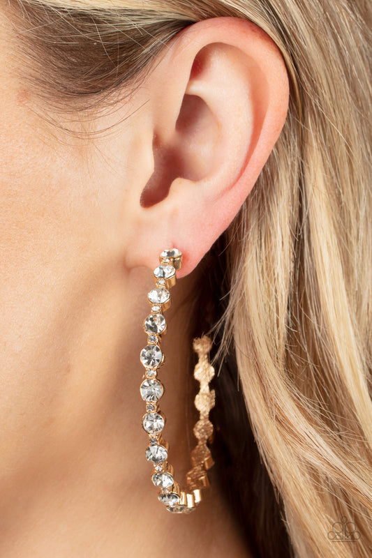 Royal Reveler - Gold & White Rhinestone Encrusted Paparazzi Post Hoop Earrings