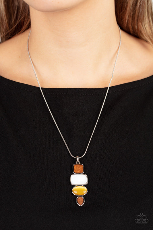 Elemental Energy - Yellow Cat's Eye, Wooden, & White Stone Pendant Paparazzi Necklace & matching earrings