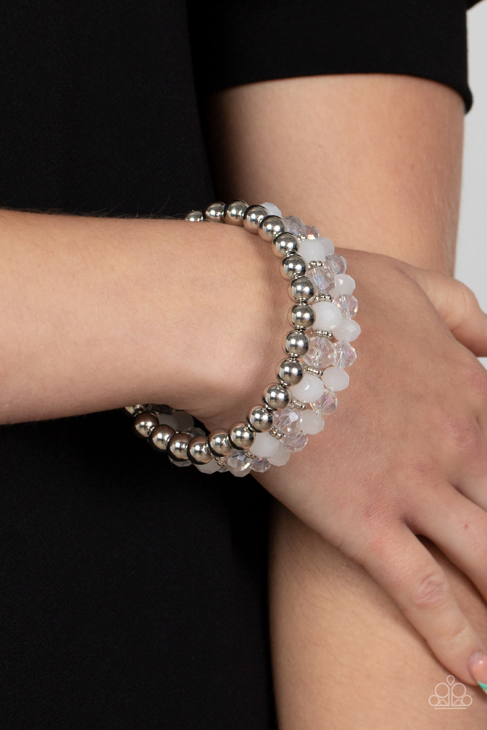 Gimme Gimme - White & Iridescent Beaded Paparazzi Coil Bracelet