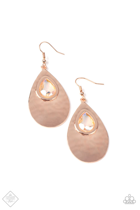 Tranquil Trove - Rose Gold & Faceted Iridescent Teardrop Gem Paparazzi Earrings