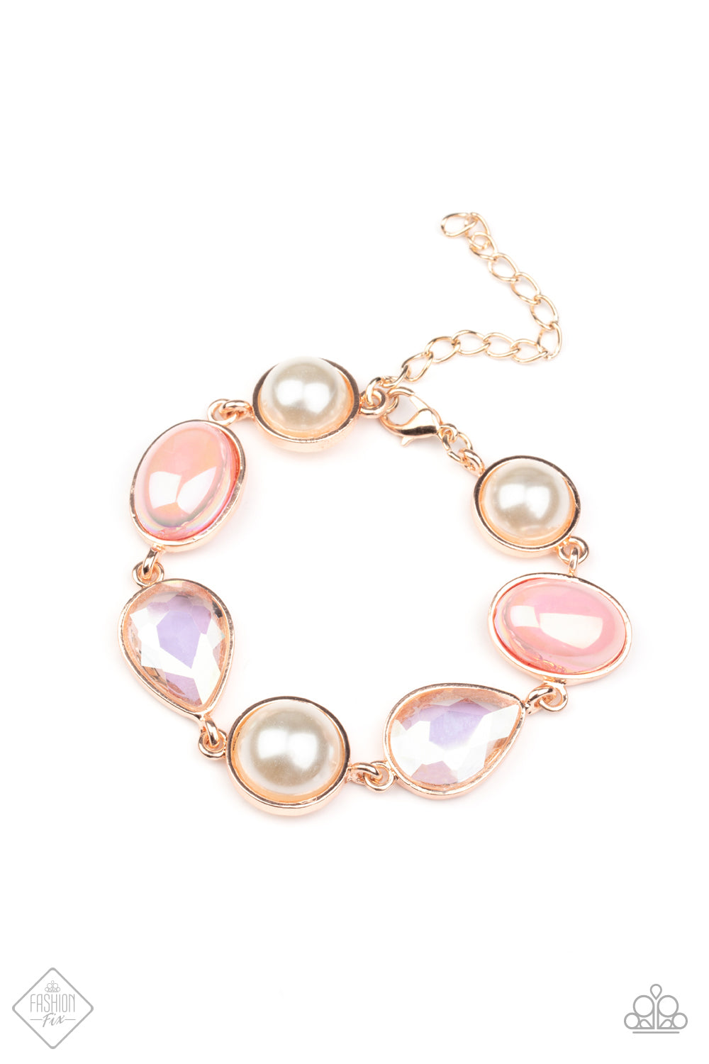 Nostalgically Nautical - Rose Gold, White Pearls, Rosette Pearls, & Iridescent Teardrop Paparazzi Adjustable Bracelet