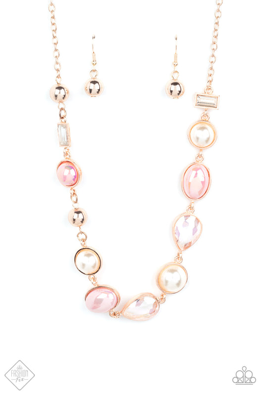 Nautical Nirvana - Rose Gold, White Pearls, Rosette Pearls, & Iridescent Teardrop Paparazzi Necklace & matching earrings
