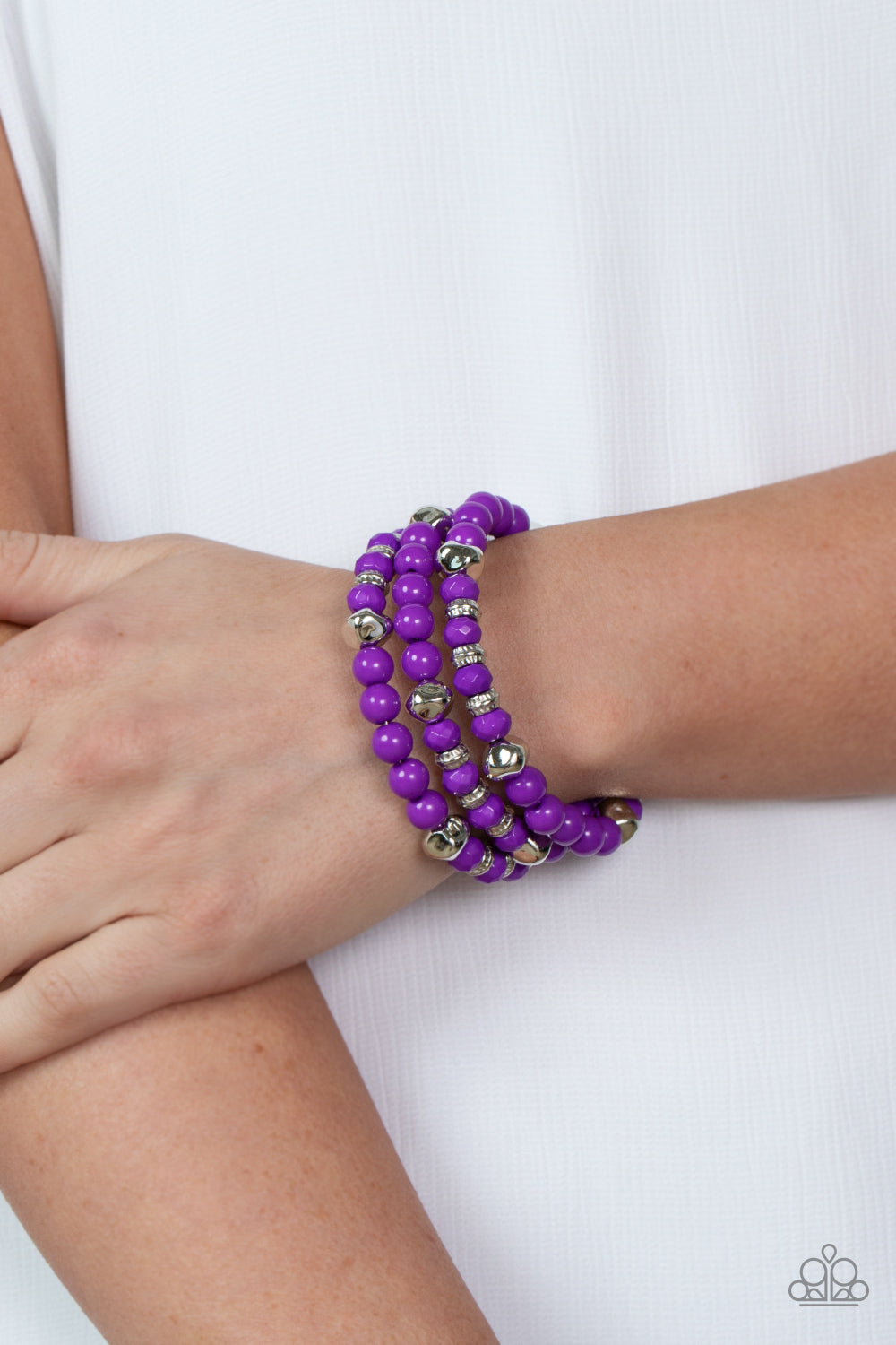 Vibrant Verve - Purple & Silver Smooth, Textured, and Faceted Beaded Paparazzi Coil Bracelet