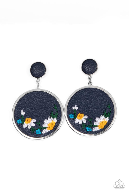 Embroidered Gardens - Blue Leather Disc & Embroidered Flower Paparazzi Earrings
