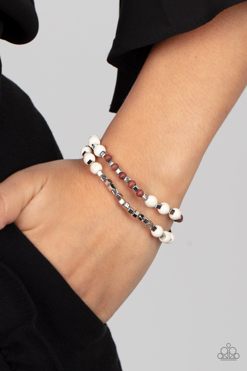 Backcountry Beauty - White Stone, Wood, & Silver Cube Beaded Set of 2 Paparazzi Stretch Bracelets