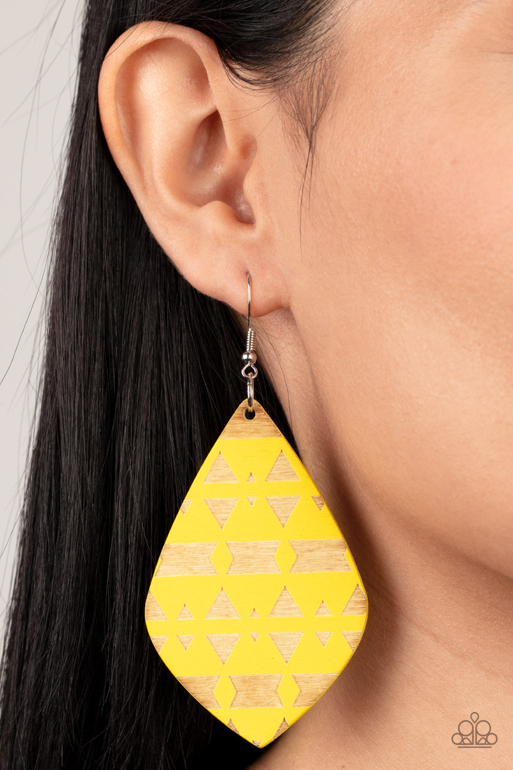 Zimbabwe Zoo - Yellow Geometric Tribal Pattern Diamond Shaped Wooden Paparazzi Earrings