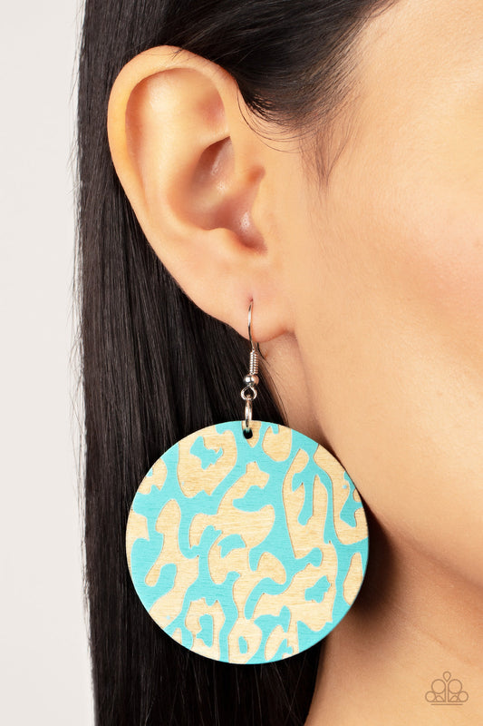 Catwalk Safari - Blue Cheetah-Like Pattern Paparazzi Wooden Disc Earrings
