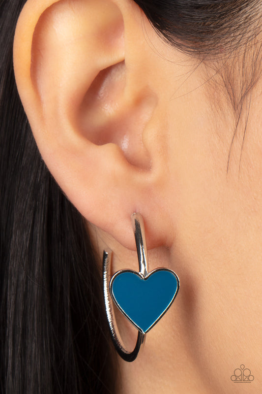 Kiss Up - Blue Heart Adorned Silver Hoop Paparazzi Post Earrings