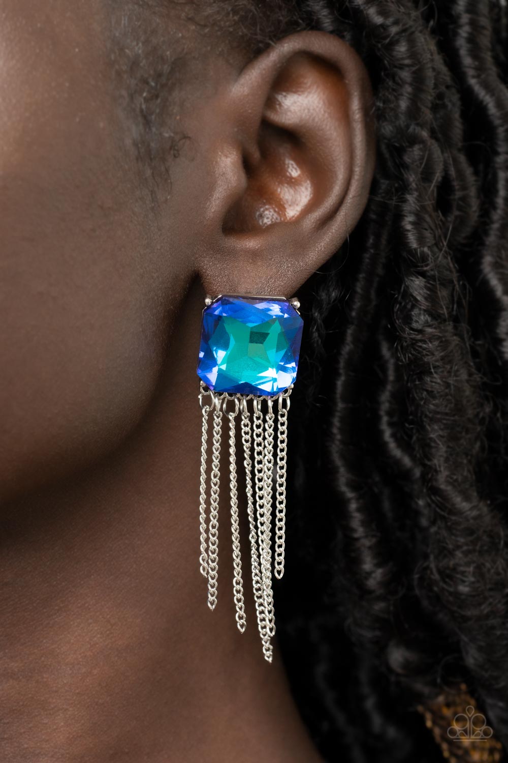 Supernova Novelty - Blue UV Shimmer Oversized Gem & Silver Chain Tassel Paparazzi Earrings
