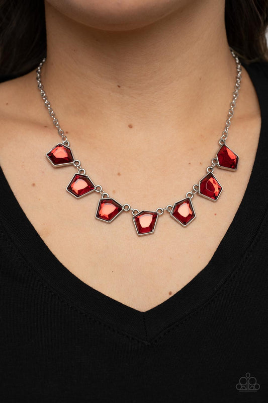 Experimental Edge - Red Imperfect Geometric Gem Paparazzi Necklace & matching earrings
