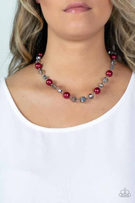 Decked Out Dazzle - Red Oversized Pearls & Smoky Crystal-Like Beaded Paparazzi Necklace & matching earrings