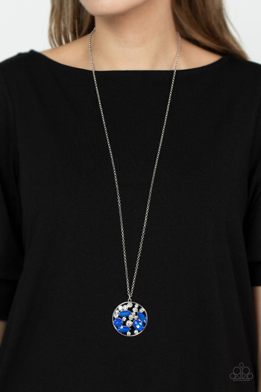 Iridescently Influential - Blue Gems & White Rhinestone Pendant Paparazzi Necklace & matching earrings
