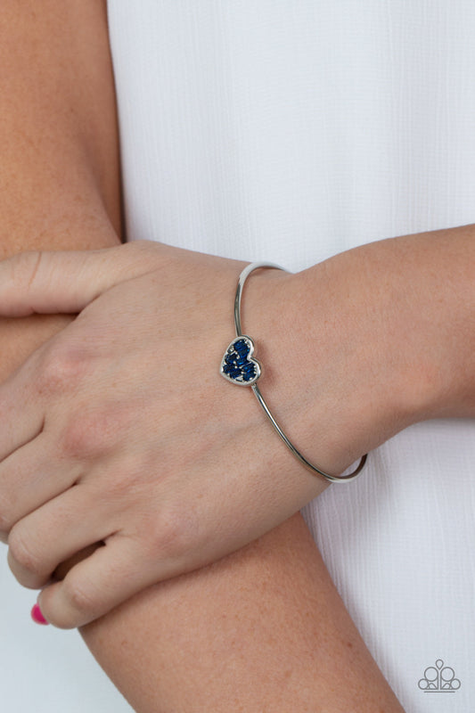 Heart of Ice - Blue Emerald Cut Rhinestone Encrusted Heart Paparazzi Cuff Bracelet