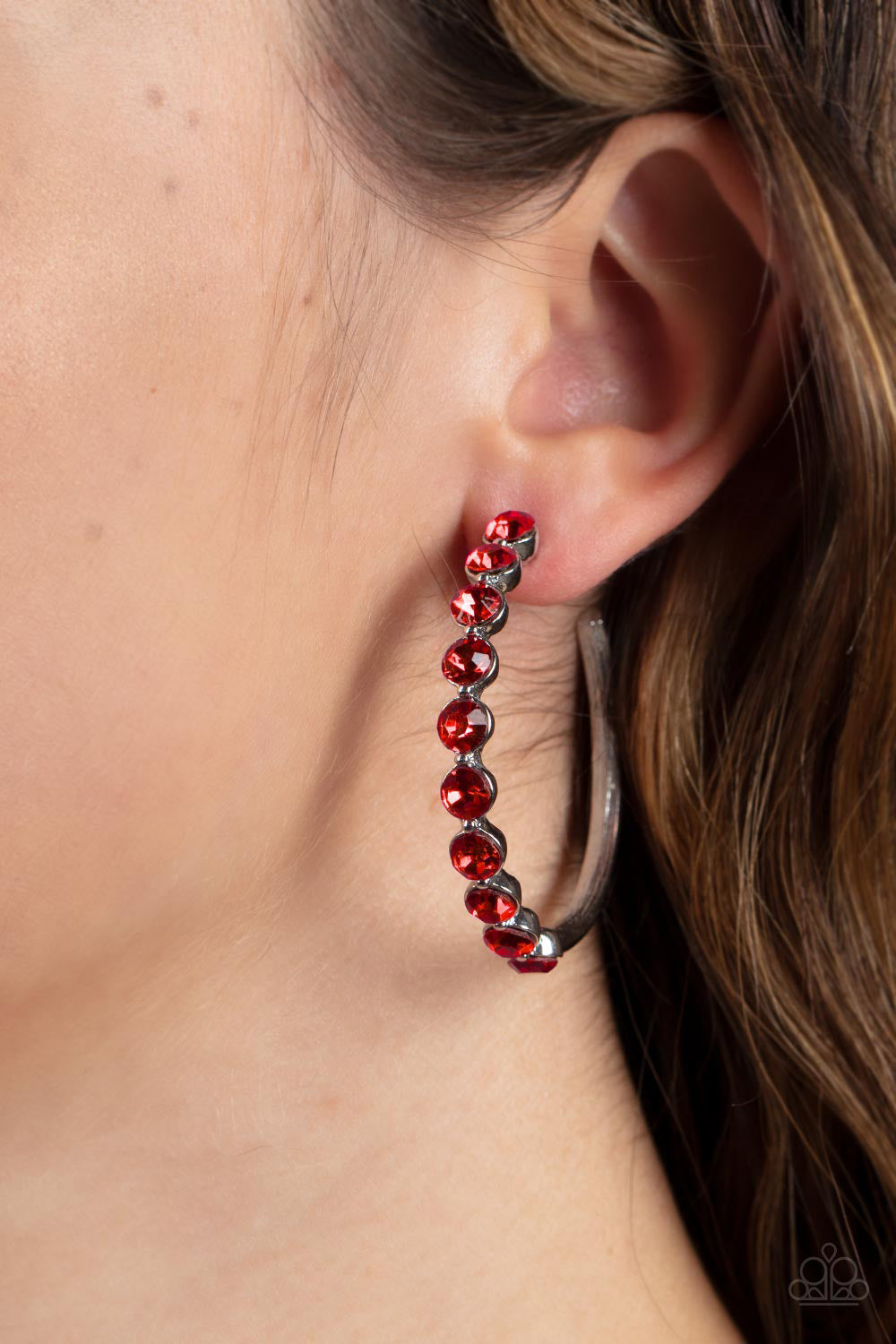 Photo Finish - Red Rhinestone Encrusted Silver Paparazzi Post Hoop Earrings