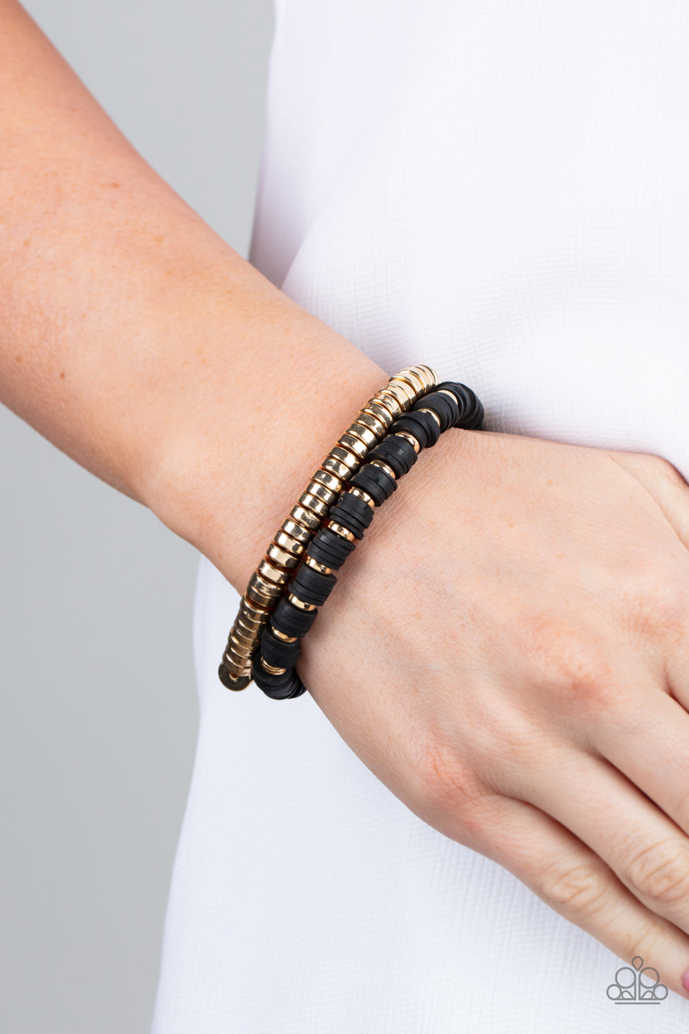 Catalina Marina - Black Rubbery & Gold Disc Paparazzi Stretch Bracelets