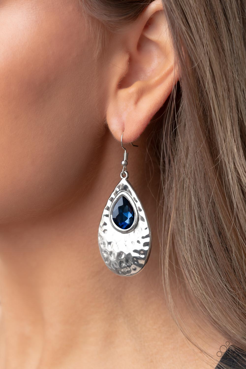 Tranquil Trove - Blue Faceted Teardrop Gem & Hammered Silver Teardrop Paparazzi Earrings
