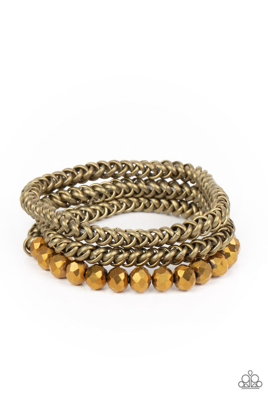 Gutsy and Glitzy - Brass Chains & Aurum Crystal-Like Beaded Set of 3 Paparazzi Stretch Bracelets