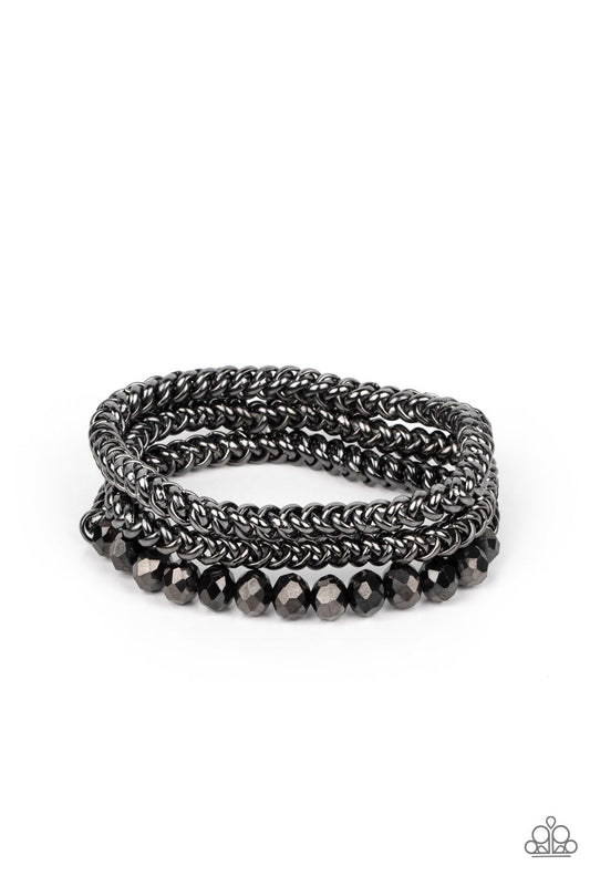 Gutsy and Glitzy - Gunmetal Mismatched Chain & Hematite Crystal-Like Bead Paparazzi Set of 3 Stretch Bracelets