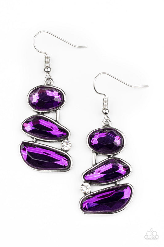 Gem Galaxy - Purple Asymmetrical Gems & White Rhinestone Paparazzi Earrings