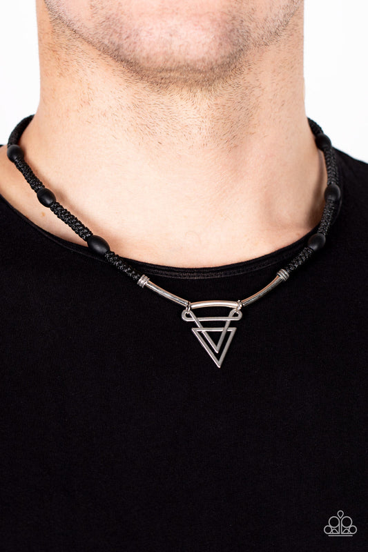 Arrowed Admiral - Black Braided Cord, Black Wooden Beads, & Silver Triangular Pendant Paparazzi Urban Necklace
