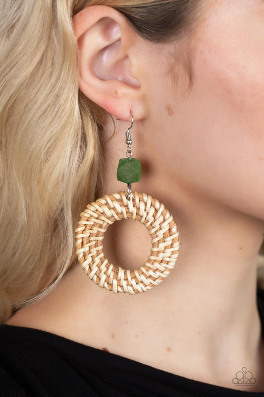 Wildly Wicker - Green Wooden Bead & Wicker-Like Loop Paparazzi Earrings