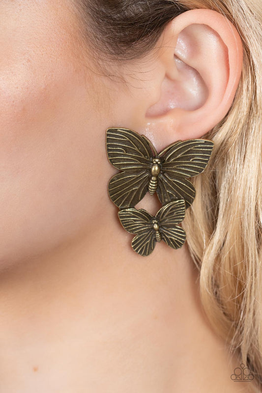 Blushing Butterflies - Brass Rustic Finish Butterfly Paparazzi Earrings