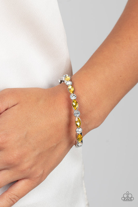 Petitely Powerhouse - Yellow & White Rhinestone Paparazzi Hinge Bracelet