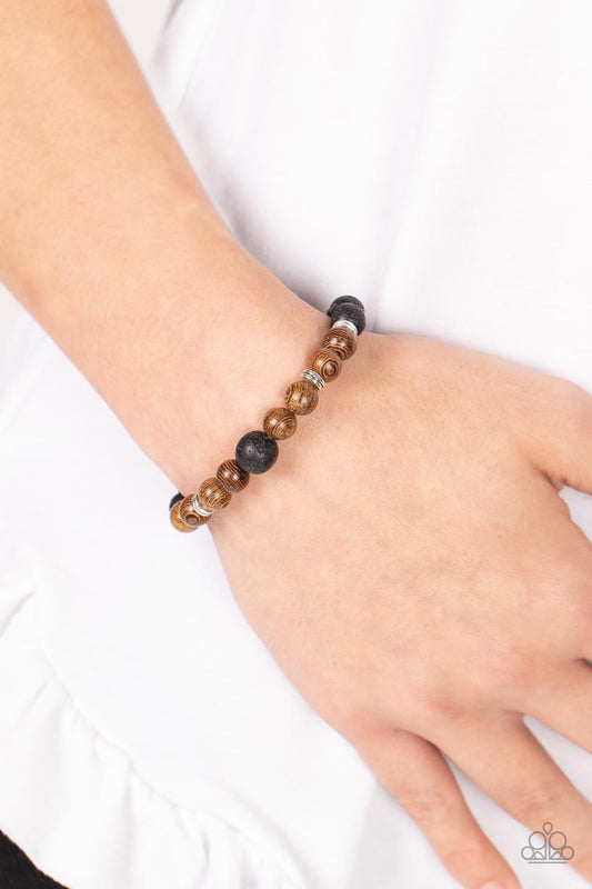 Neutral Zone - Brown Wooden Beads & Black Lava Rock Paparazzi Bracelet