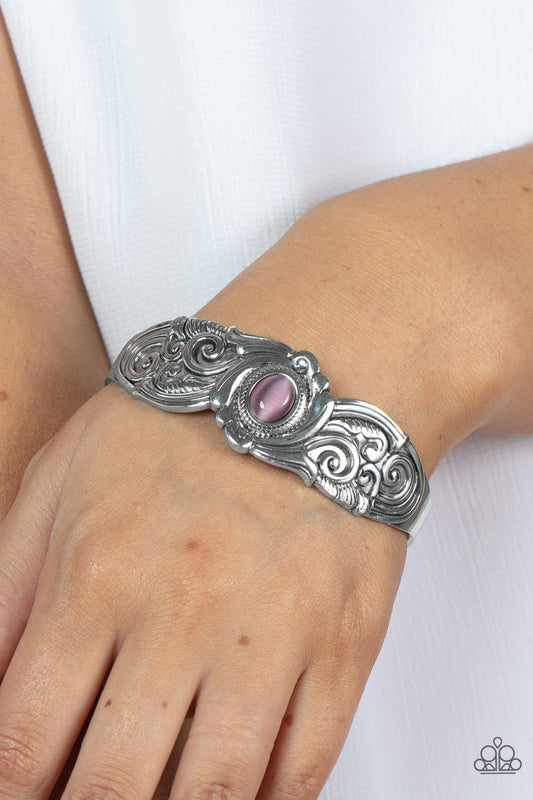 Glowing Enchantment - Purple Cat's Eye Stone & Vine-Like Silver Filigree Paparazzi Cuff Bracelet