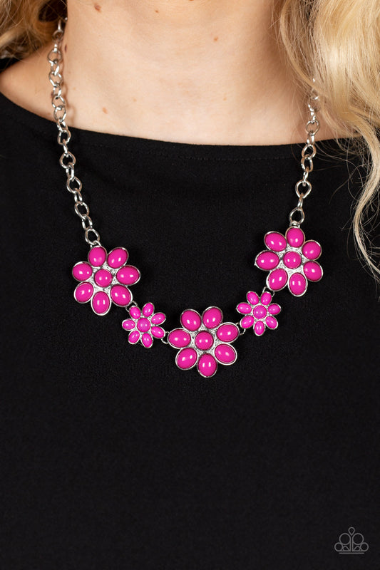 Flamboyantly Flowering - Pink Beaded Flower Paparazzi Necklace & matching earrings