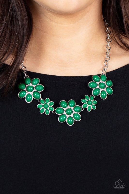 Flamboyantly Flowering - Green Beaded Flower Paparazzi Necklace & matching earrings