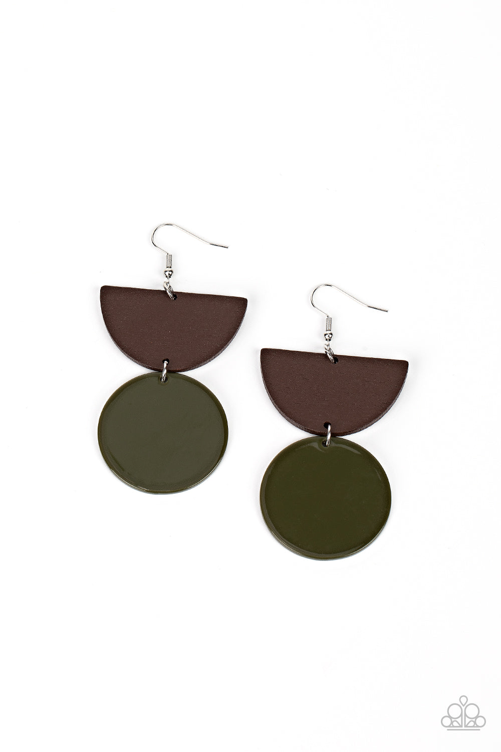 Beach Bistro - Green Acrylic Disc & Wooden Crescent Frame Paparazzi Earrings