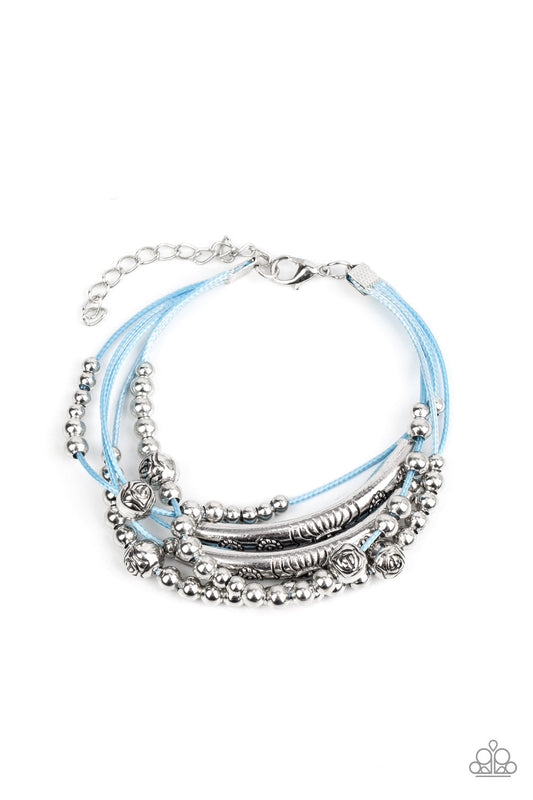 Wanderlust Wanderess - Blue Cording/Silver Beads, Floral Stamped Silver Bars & Silver Floral Beaded Paparazzi Adjustable Bracelet