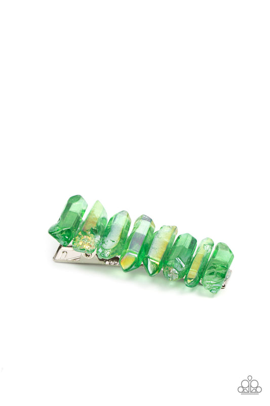Crystal Caves - Green Iridescent Stacked Crystal Paparazzi Hair Clip