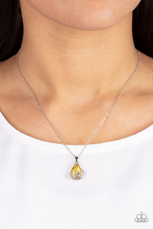 Flower Patch Fabulous - Yellow Teardrop Gem/Dainty Silver Flower Pendant Paparazzi Necklace & matching earrings