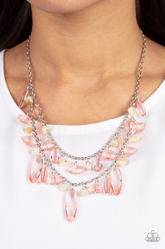 Candlelit Cabana - Pink Crystal-Like Beads & White Pearly Pebble Paparazzi Necklace & matching earrings
