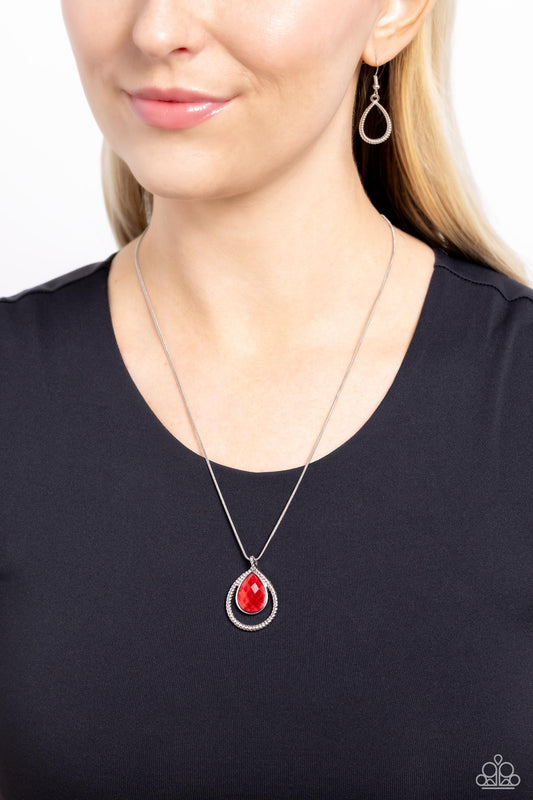 Gorgeously Glimmering - Red Teardrop Gem Pendant Paparazzi Necklace & matching earrings