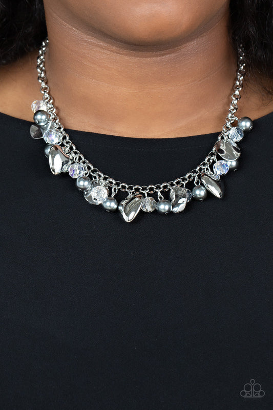 True Loves Trove - Silver Locket-Inspired Hearts, Pearls, Crystal-Like Beads, & Crinkled Disc Paparazzi Necklace & matching earrings