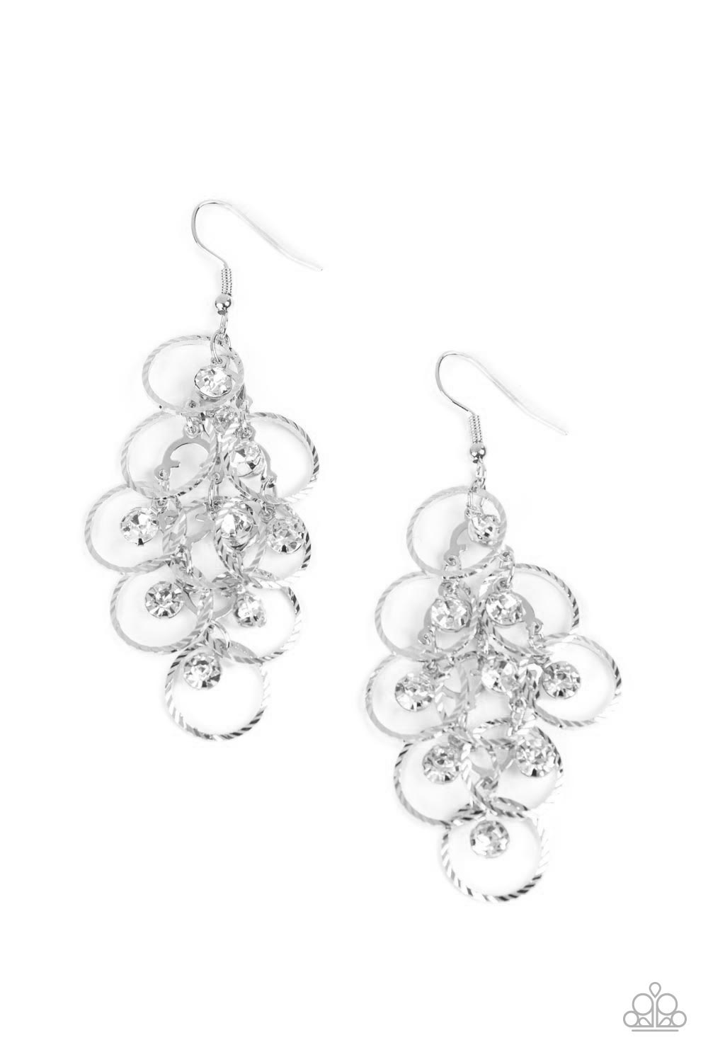 Head Rush - White Rhinestones & Textured Silver Rings Paparazzi Earrings