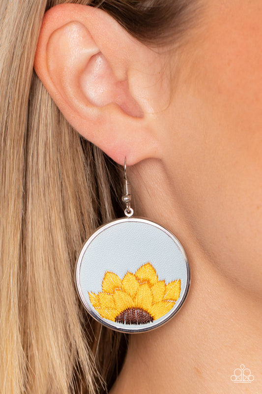 Sun-Kissed Sunflowers - Blue Leather & Yellow Sunflower Paparazzi Earrings