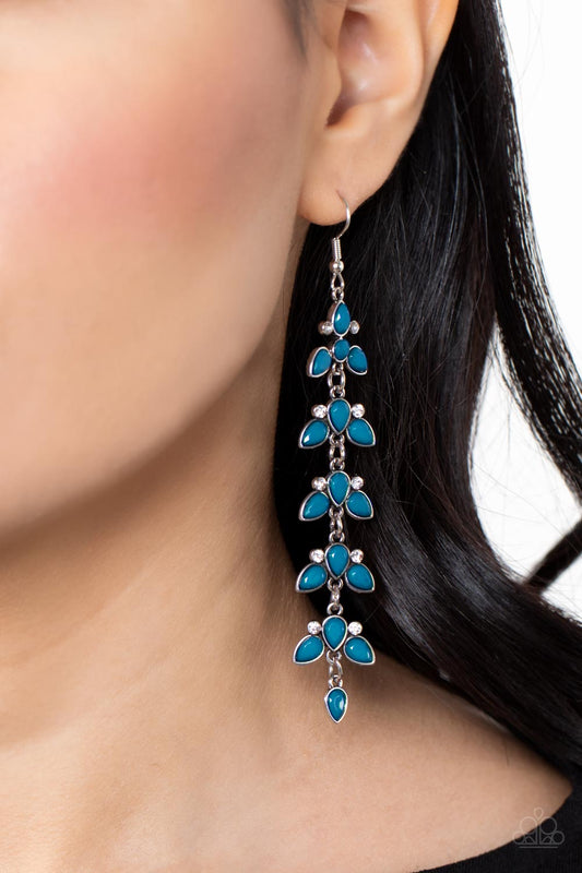 Fanciful Foliage - Blue Teardrop Beads & White Rhinestone Leafy Frame Paparazzi Earrings