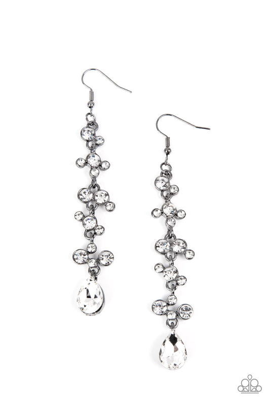 Wedding Day Dazzle - Gunmetal Fittings & White Rhinestone Cluster Paparazzi Earrings