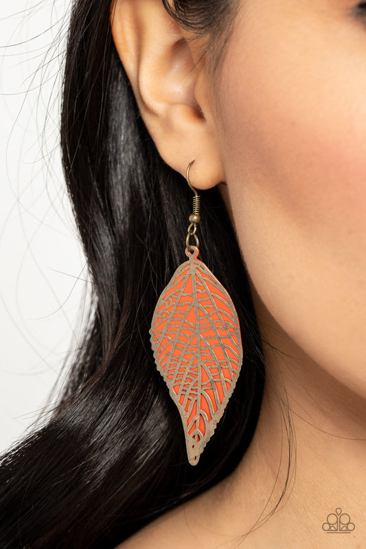 Leafy Luxury - Orange & Brass Stenciled Leaf Paparazzi Earrings