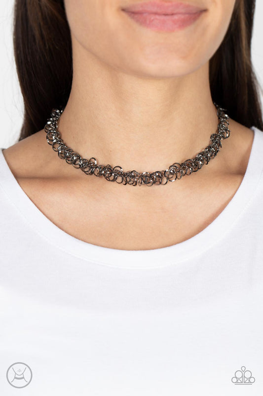 Cause a Commotion - Gunmetal Flat/Beveled Hoop Paparazzi Choker Necklace & matching earrings